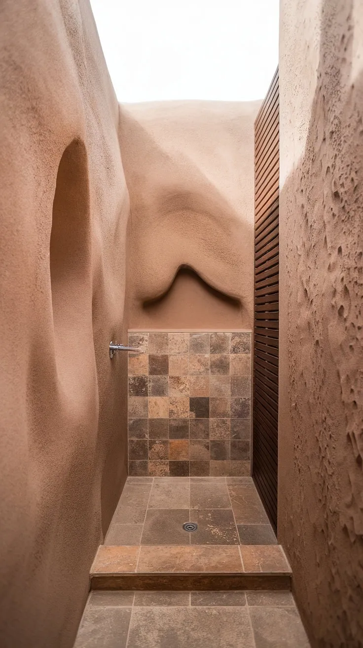 This small bathroom design features an organic modern aesthetic with textured stone walls, travertine shower tiles, and a wood wall panel, embodying desert modernism.