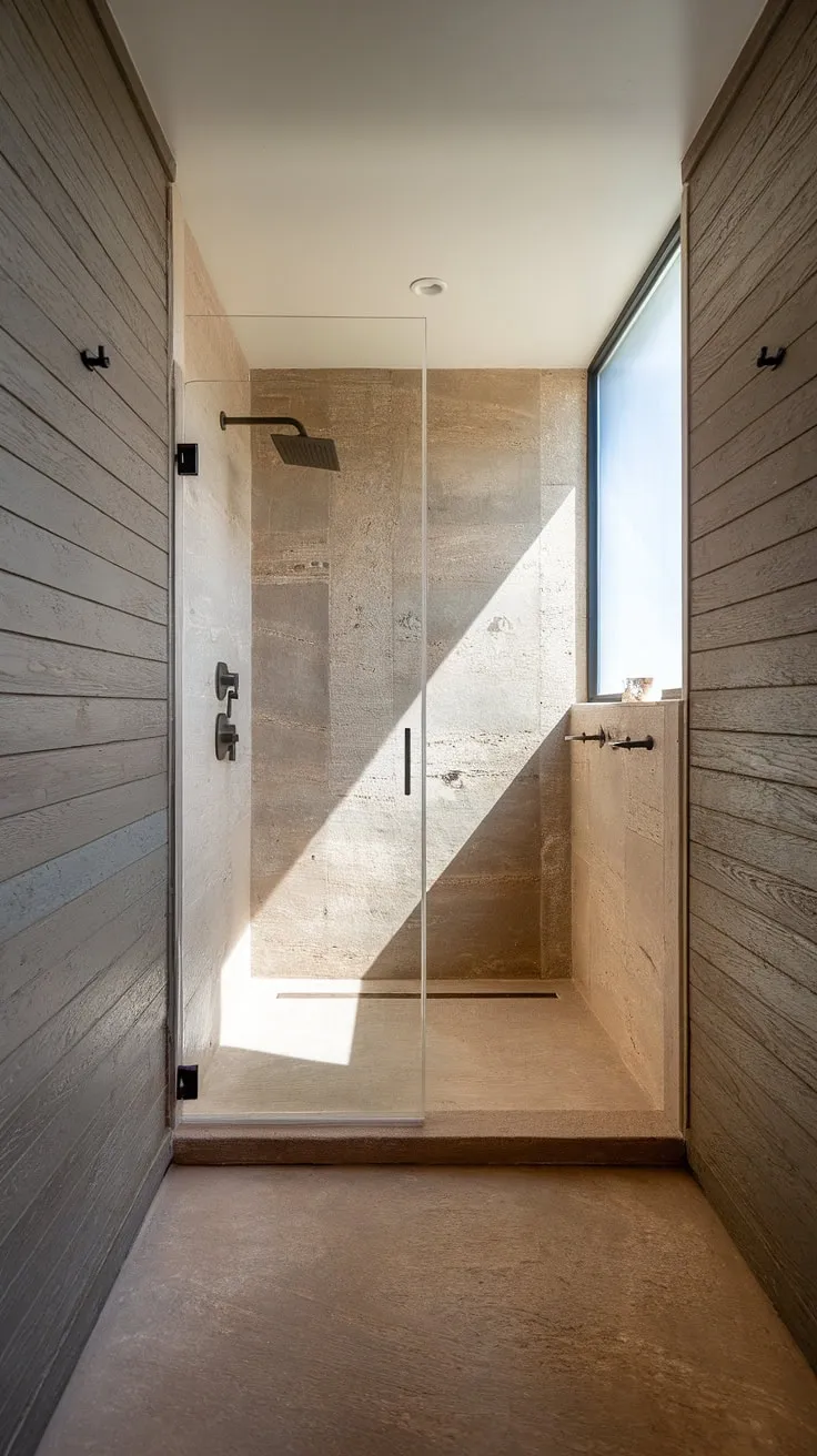 This organic modern bathroom showcases a desert modernism aesthetic with stone effect tiles, textured wood walls, and a travertine shower design, all within a minimalistic layout perfect for small spaces.