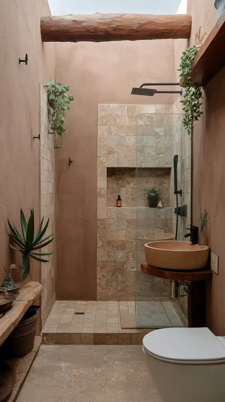 This small organic modern bathroom showcases desert modernism with textured stone effect walls, a wood wall, and a travertine walk-in shower, all harmonizing in a minimalistic design.