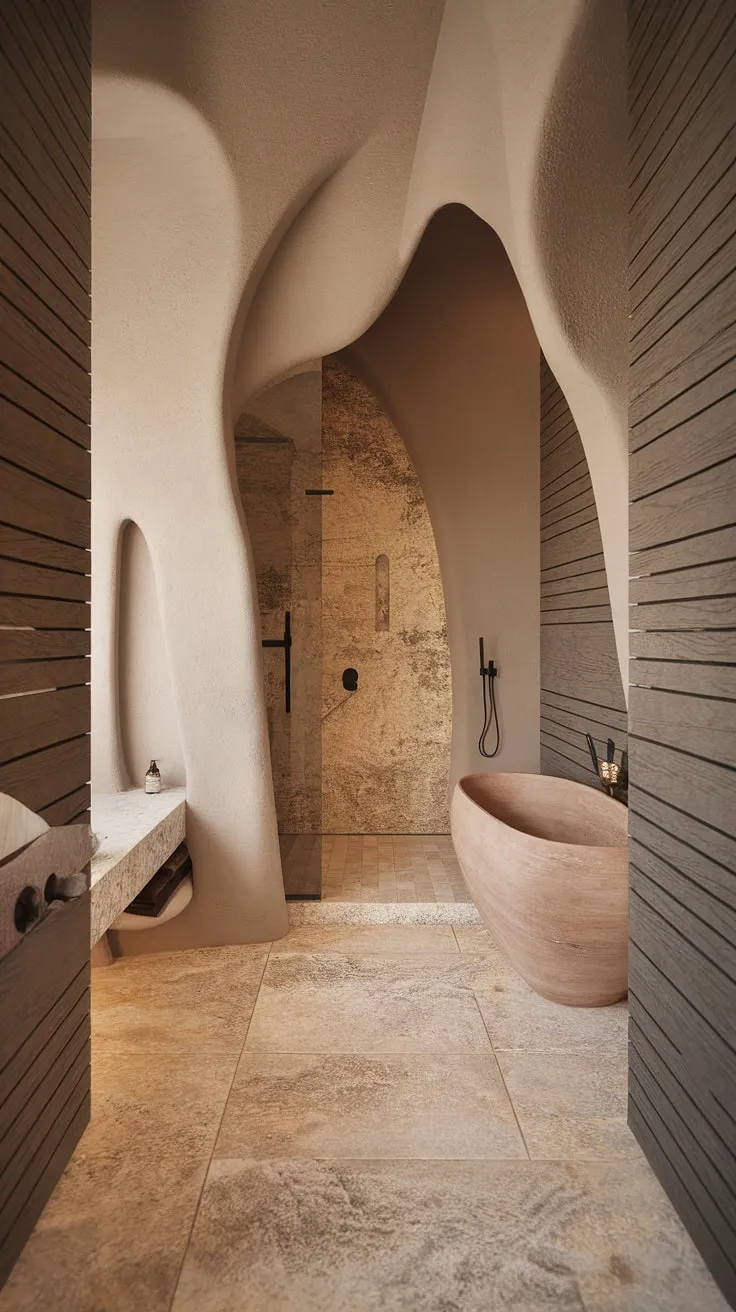 The small bathroom design highlights a travertine shower, stone effect tiles, and textured walls, all harmonizing in a minimalistic aesthetic with organic shapes and wooden accents.