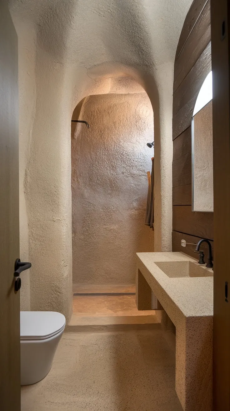 The bathroom combines travertine bathroom design elements with a wood wall and stone effect tiles, creating a minimalistic oasis inspired by desert modernism in a compact space.