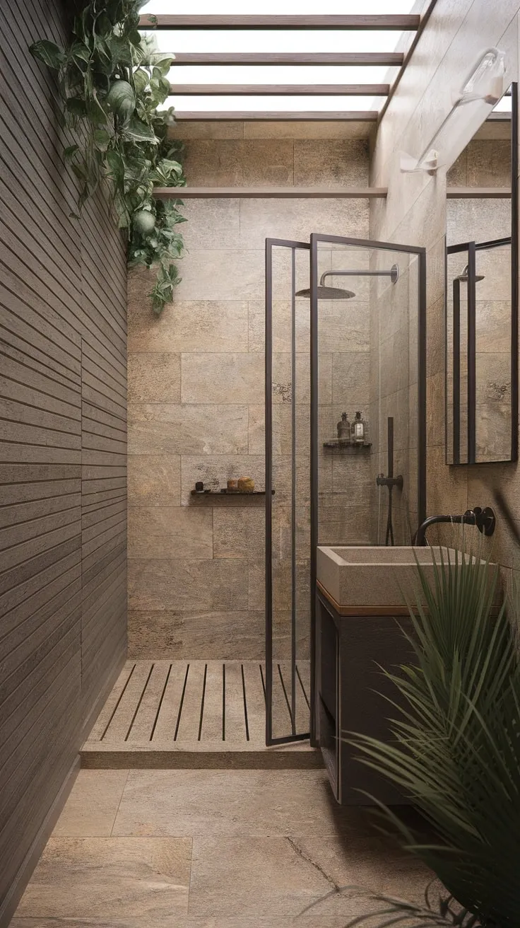 Featuring a blend of stone effect tiles and textured wood walls, this small organic modern bathroom embodies desert modernism with its minimalistic design and elegant travertine shower.