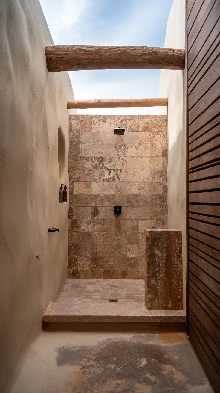 This minimalistic organic modern bathroom showcases stone effect tiles and textured walls, embodying desert modernism with a travertine design, wood accents, and a compact stone walk-in shower.