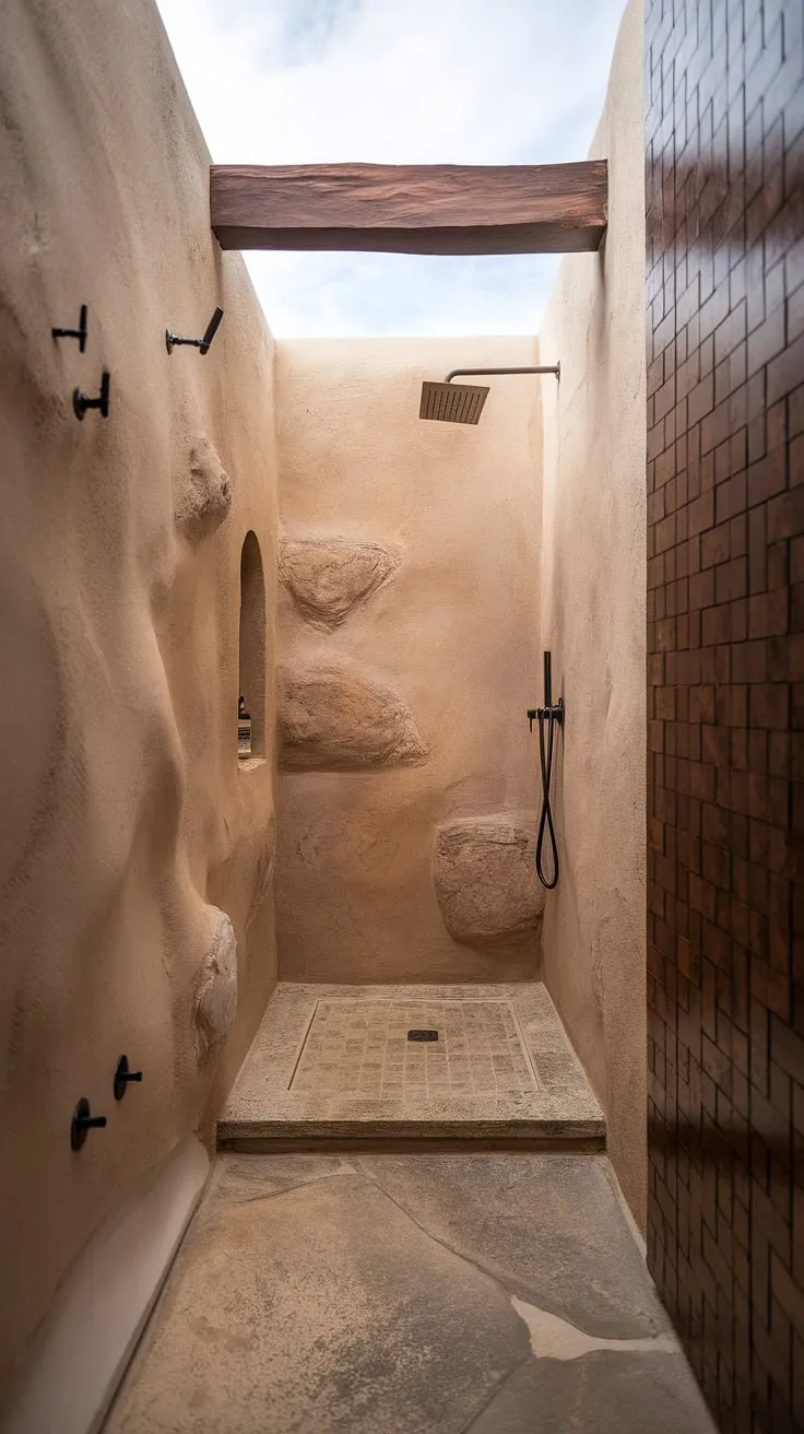 The bathroom showcases a harmonious blend of stone effect tiles, textured walls, and a wood panel, reflecting desert modernism in a minimalistic design with a stunning travertine shower.
