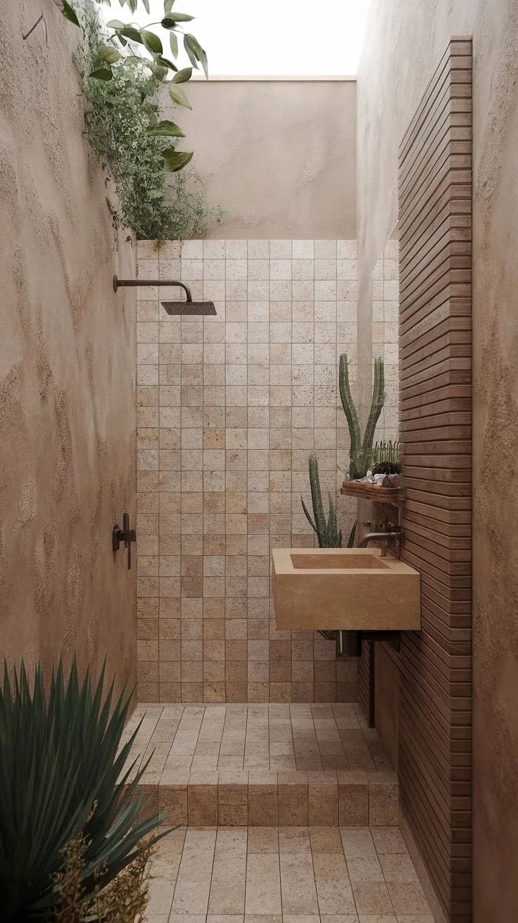 This small organic modern bathroom features textured stone effect walls, a wood wall panel, and travertine shower tiles, all inspired by desert modernism for a minimalistic design.