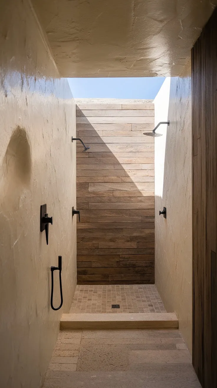 This organic modern bathroom showcases desert modernism with textured stone effect walls, travertine shower tiles, and a wood wall, all within a minimalistic small bathroom design.