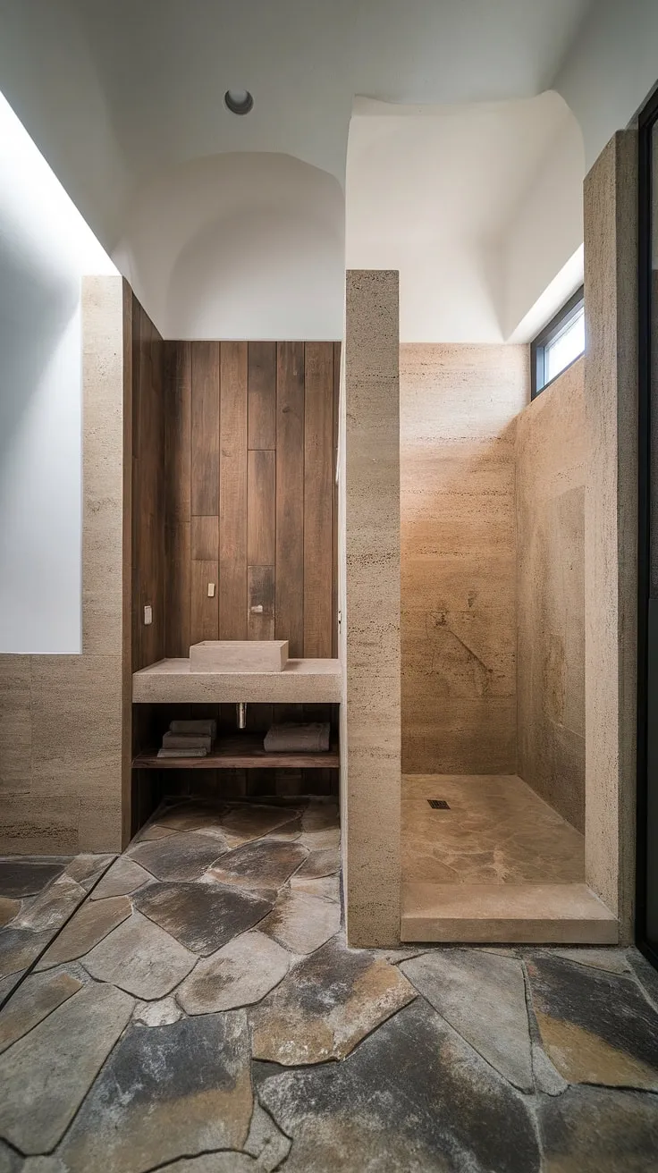With its minimalistic aesthetic, this travertine bathroom design highlights stone walk-in shower elements and a wood wall, creating a stylish oasis inspired by desert modernism.