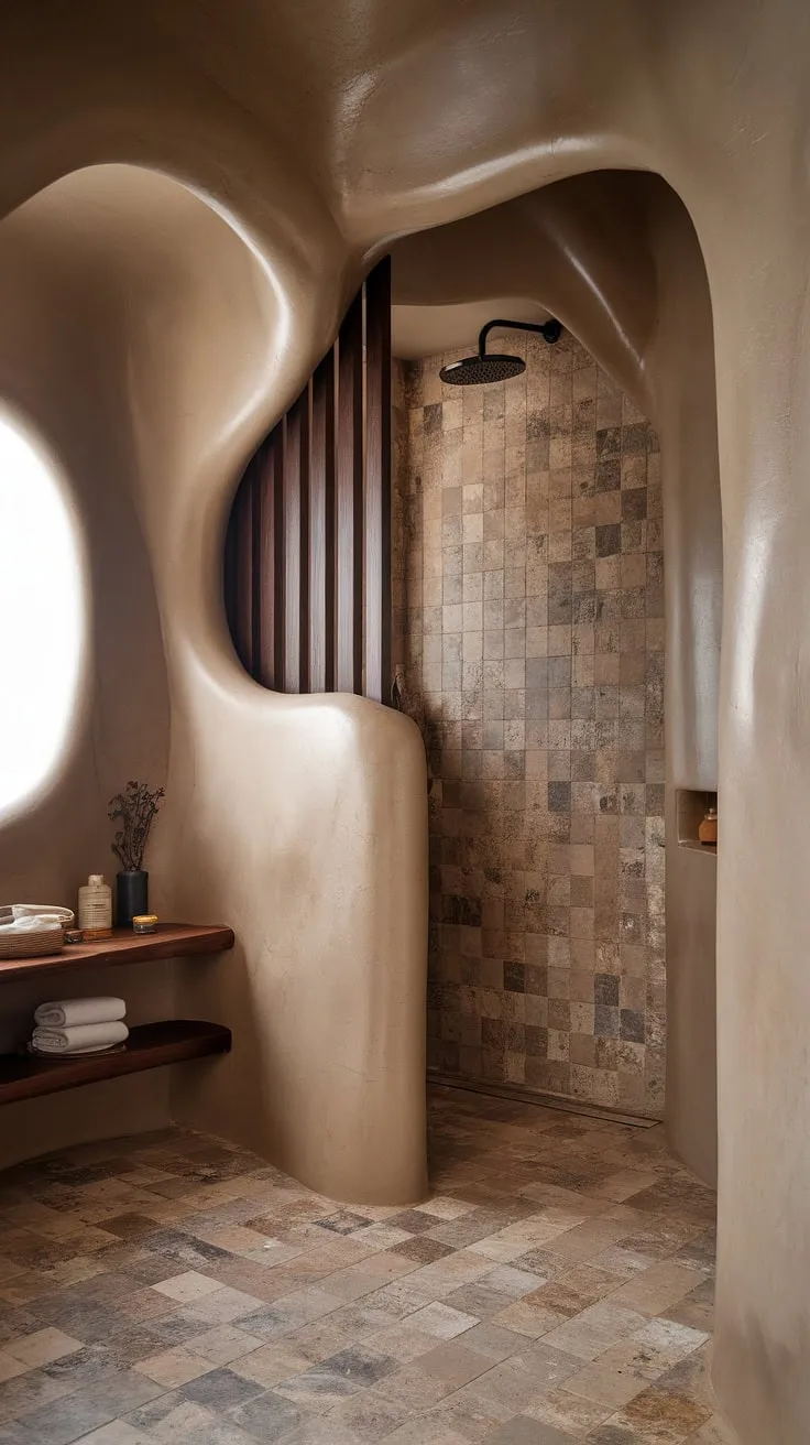 This organic modern bathroom features textured walls, stone effect tiles, and a travertine shower design that embodies desert modernism in a minimalistic small space.