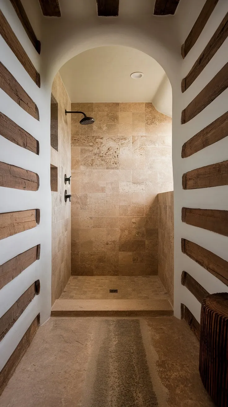 The small bathroom design highlights a blend of organic modern elements, including stone effect tiles, textured walls, and a travertine shower with a stylish stone walk-in feature.