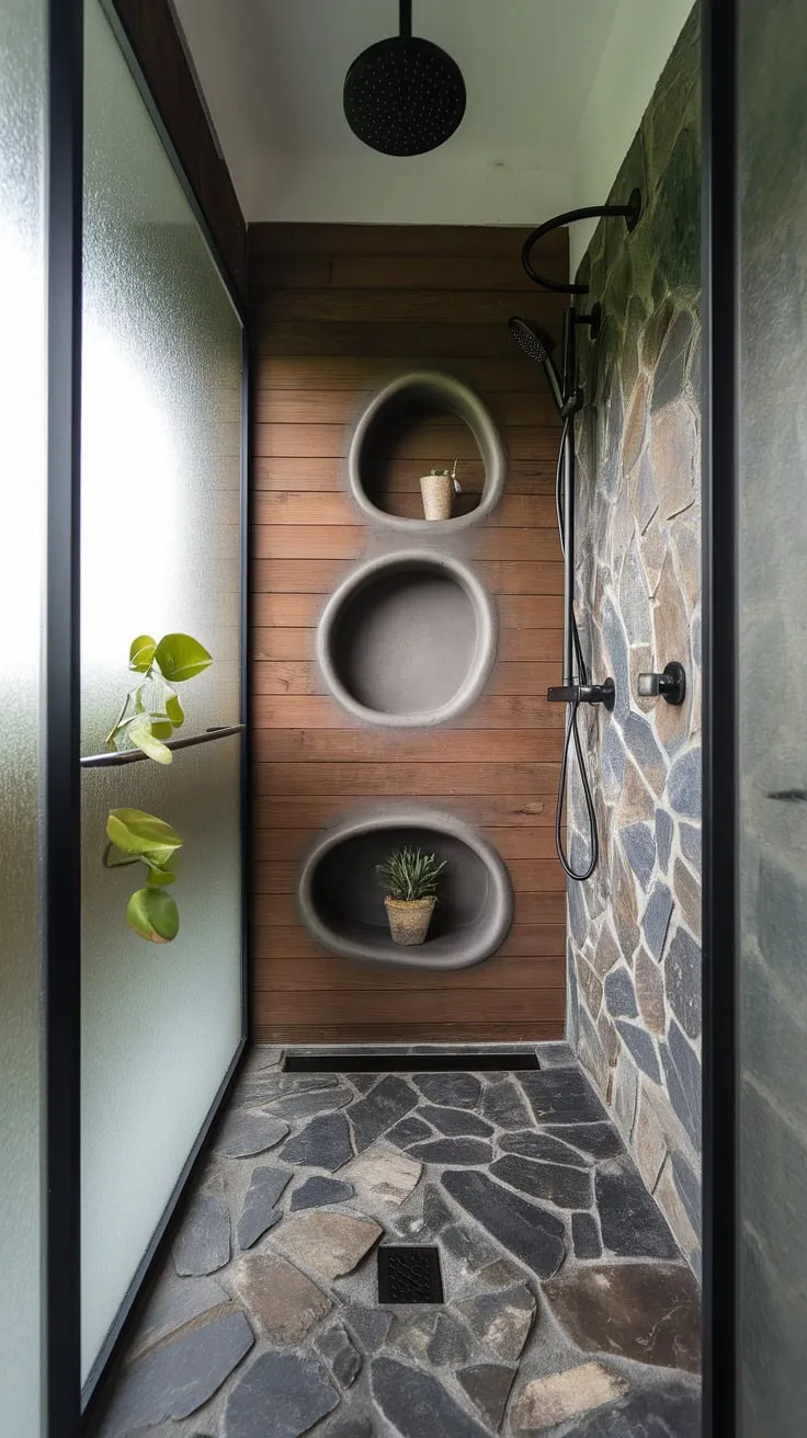 The small bathroom design showcases a stone walk-in shower with travertine tiles, a wood wall, and organic shapes, embodying a minimalistic aesthetic inspired by desert modernism.