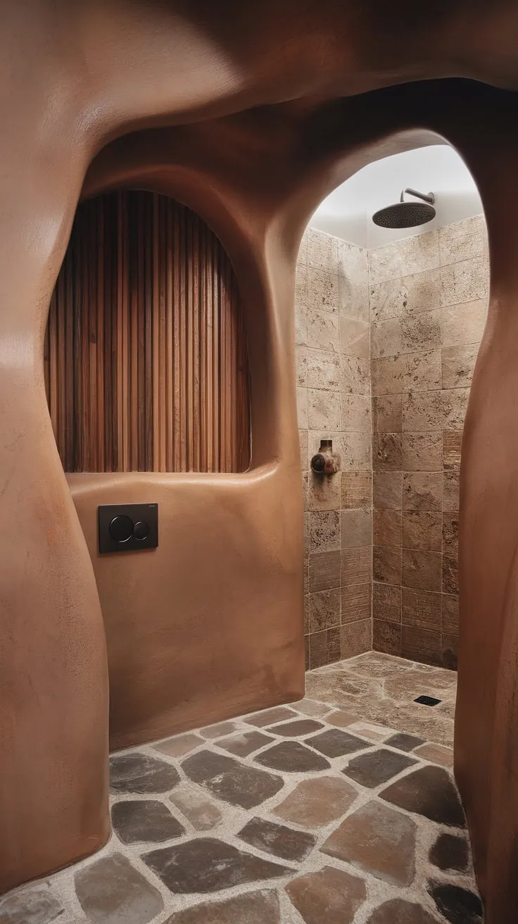 This small organic modern bathroom showcases desert modernism with stone effect tiles, textured walls, and a wood paneling section, featuring a cozy travertine shower and a stylish stone walk-in shower.