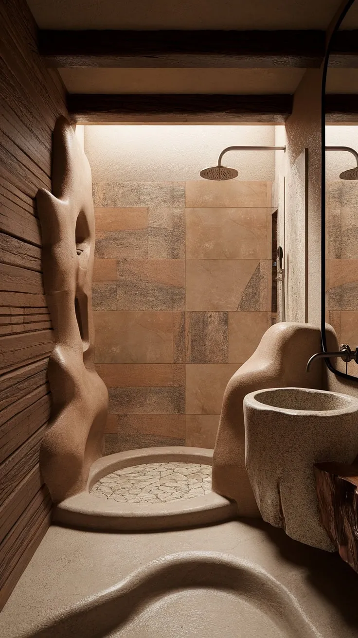 The minimalistic bathroom features a wood wall and stone effect elements, highlighted by a walk-in shower adorned with travertine tiles, embodying the essence of desert modernism.