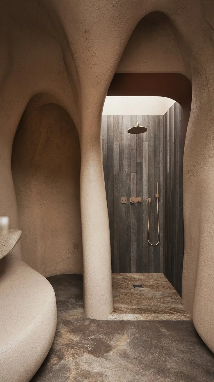 The minimalistic bathroom design highlights organic shapes with stone effect tiles, a wood wall, and textured walls, embodying desert modernism in its travertine bathroom elements and small walk-in shower.