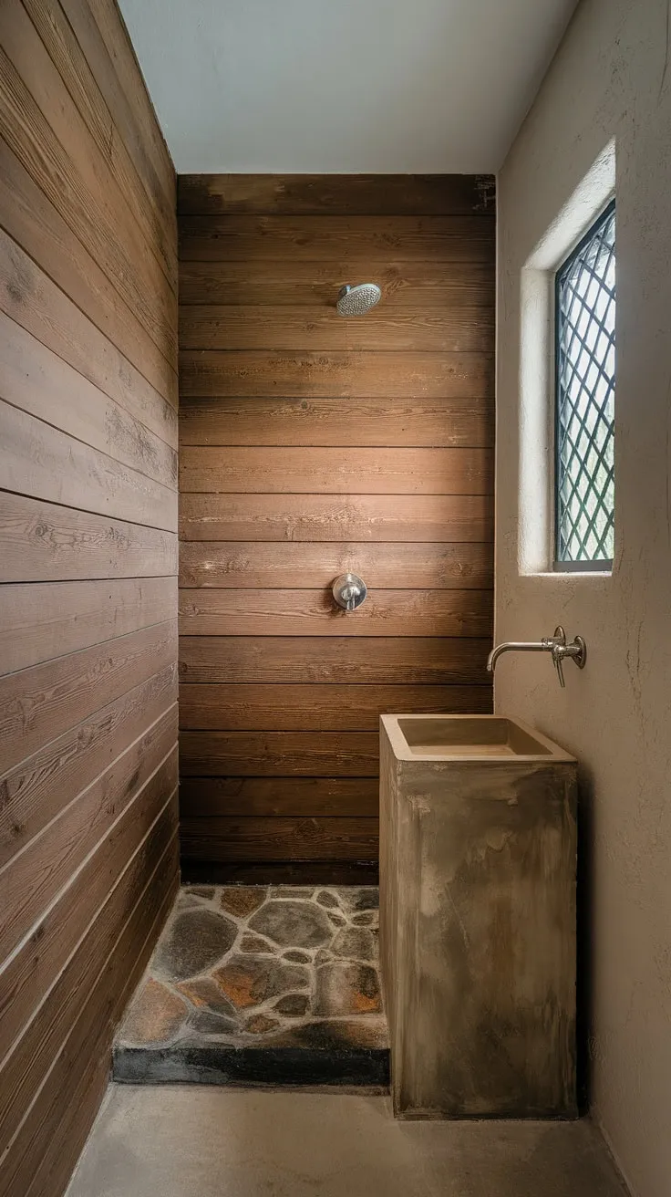 The minimalistic bathroom showcases a stone walk-in shower and travertine bathroom design, enhanced by textured walls and wood elements, reflecting the essence of desert modernism.