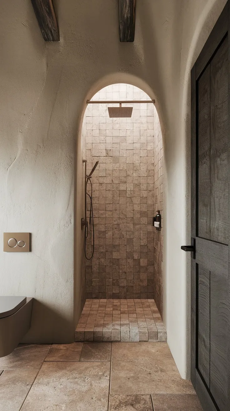 This organic modern bathroom showcases desert modernism with textured wood walls, stone effect tiles, and a minimalistic design featuring travertine shower tiles and a small walk-in shower.