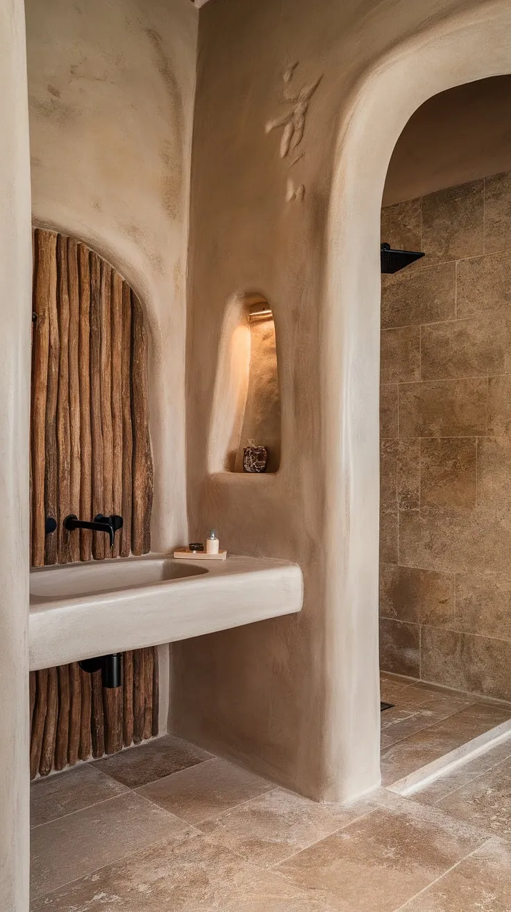 This organic modern bathroom features textured walls and stone effect tiles, complemented by a wood wall panel and travertine shower tiles, creating a minimalistic design inspired by desert modernism.
