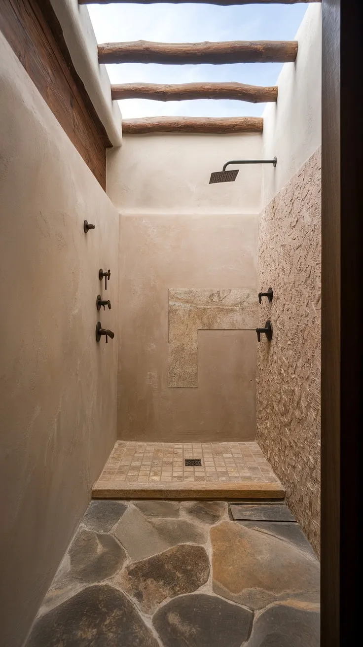 This small organic modern bathroom features stone effect tiles, textured walls, and a wood panel, showcasing a minimalistic travertine shower design inspired by desert modernism.