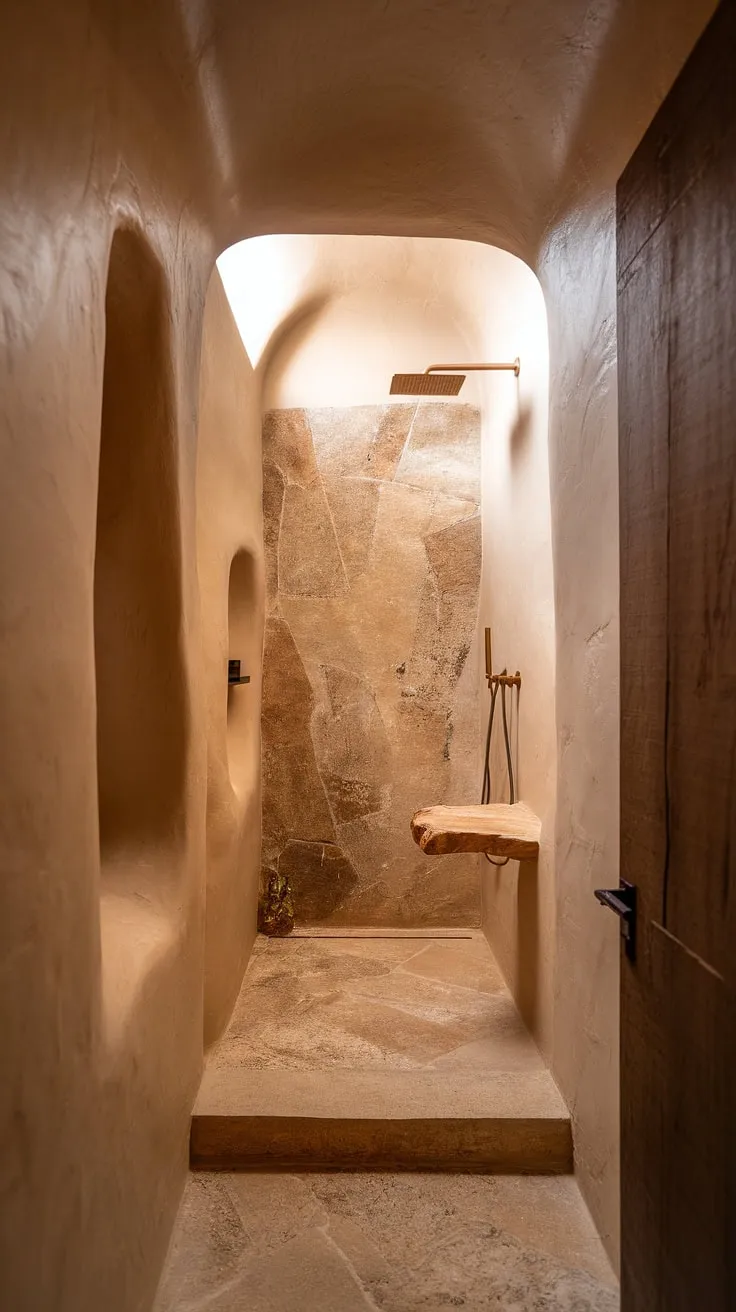 This minimalistic organic modern bathroom showcases desert modernism with textured wood walls, stone effect tiles, and elegant travertine shower tiles in a compact design.