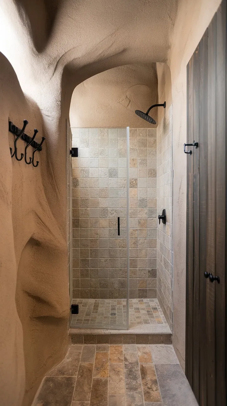The desert modernism style is showcased in this small bathroom, featuring travertine shower tiles, textured walls, and a wood wall, all within a sleek minimalistic design.