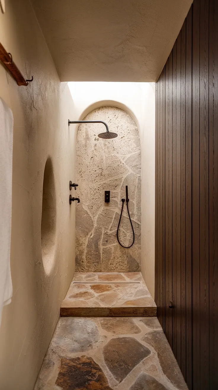 This small organic modern bathroom features stone effect tiles, textured walls, and a wood wall, showcasing a desert modernism style with a minimalistic design and travertine shower tiles in a stone walk-in shower.