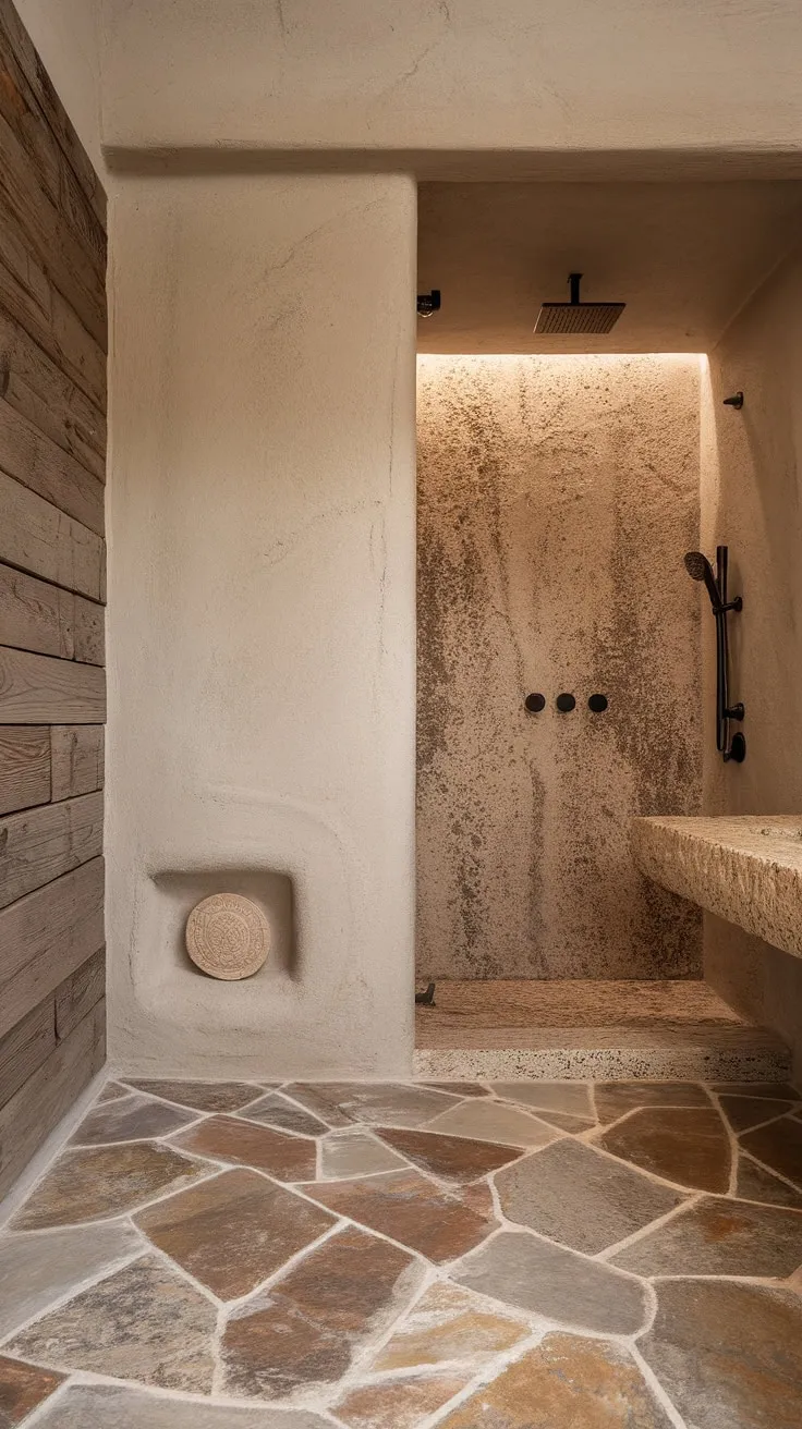 This organic modern bathroom showcases desert modernism with stone effect tiles, textured walls, a travertine shower, and a wood wall, all within a small bathroom design.