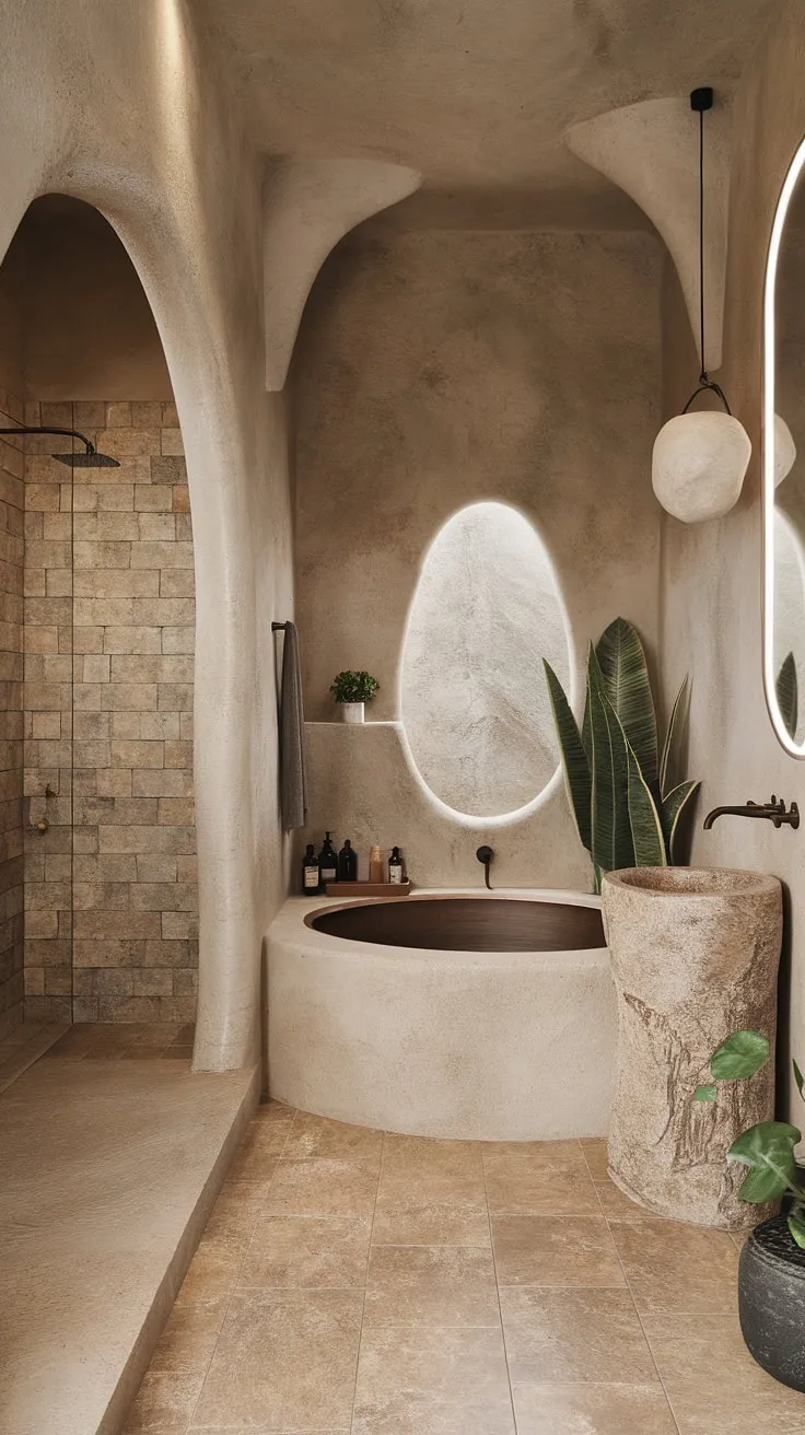 The small bathroom design showcases a stone walk-in shower, travertine tiles, and organic shapes, creating a harmonious blend of desert modernism and minimalism.