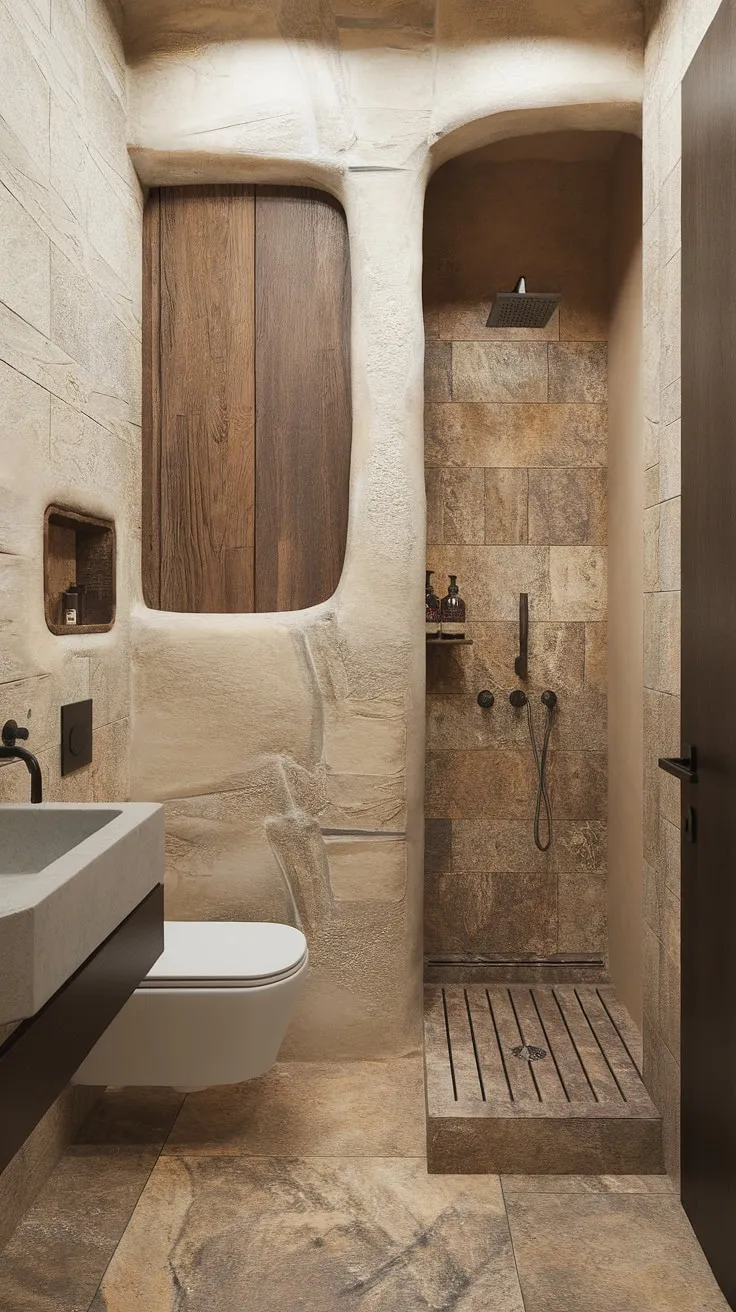 This small organic modern bathroom showcases desert modernism with textured stone effect walls, a wood wall panel, and a minimalistic design featuring travertine shower tiles and a stone walk-in shower.