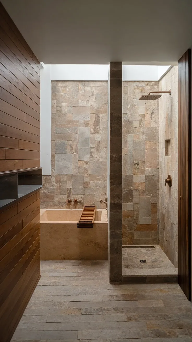 The minimalistic bathroom highlights travertine shower tiles and a wood wall, creating a compact space that embodies organic modern style with stone effect flooring and desert modernism elements.