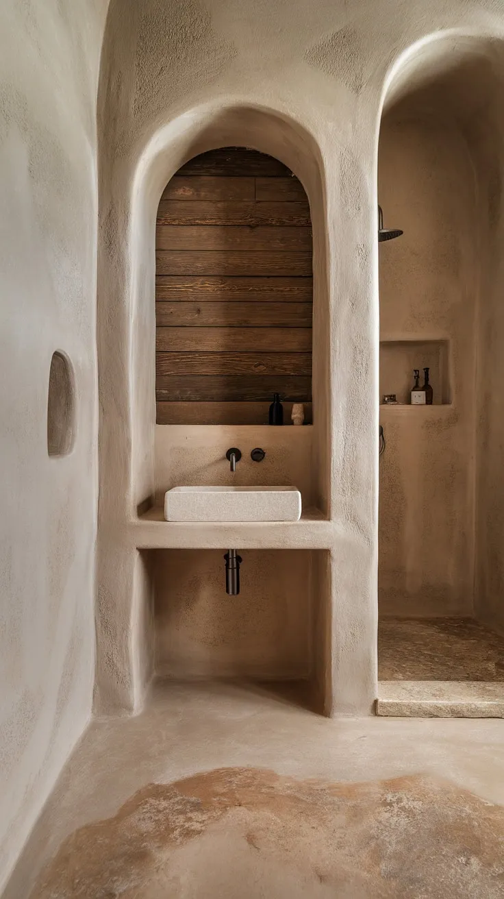 The small bathroom design highlights a blend of travertine bathroom elements, stone effect tiles, and a wood wall, creating a stylish oasis inspired by desert modernism.
