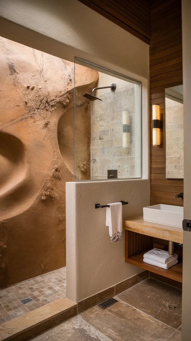 The small bathroom design highlights a blend of travertine bathroom elements, stone effect tiles, and a wood wall, creating a minimalistic oasis with a walk-in shower that reflects desert modernism.
