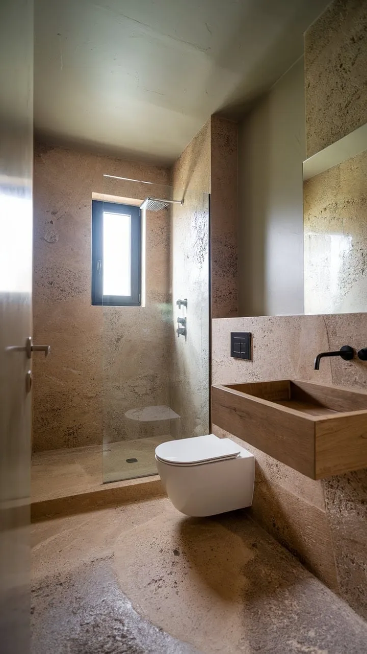 This serene bathroom, adorned with natural stone and minimalist features, invites tranquil reflection in its softly lit, elegant embrace.