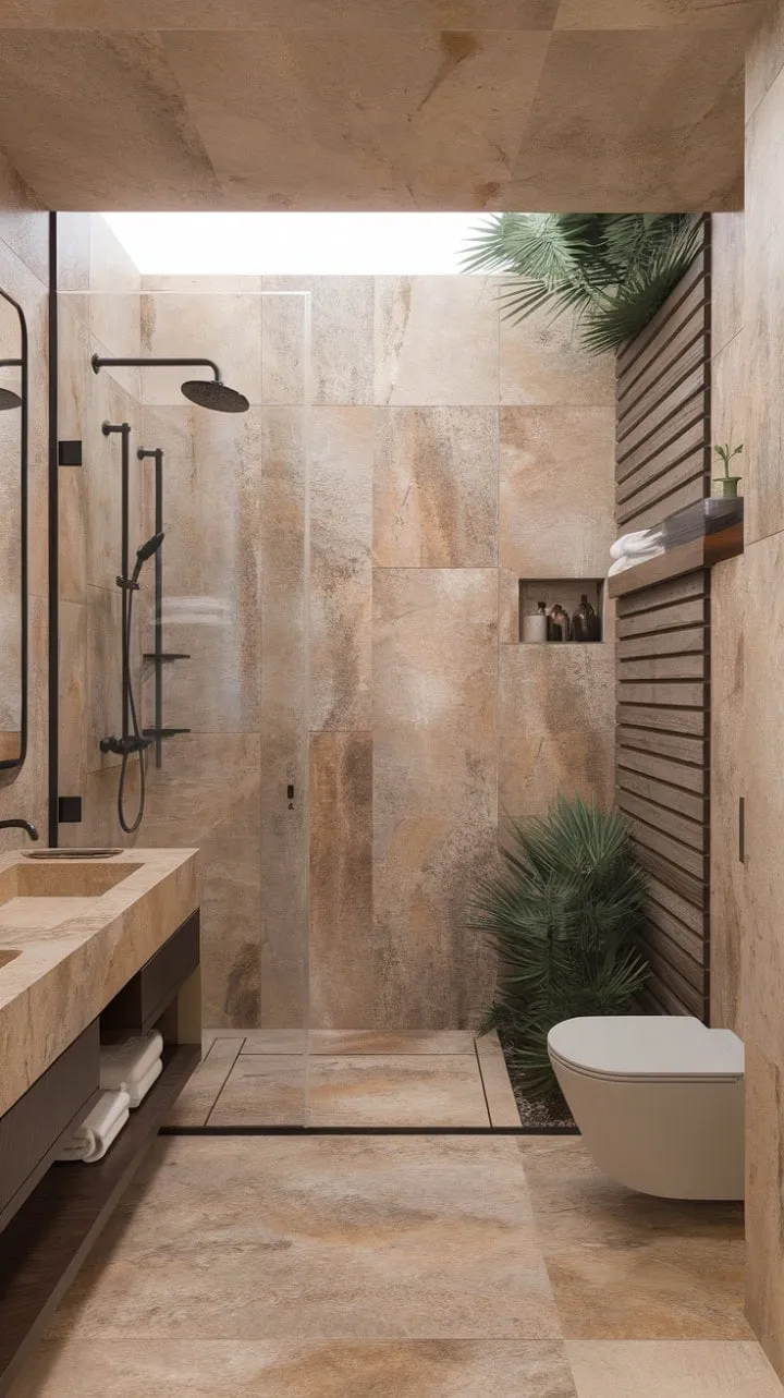This desert-inspired bathroom harmoniously blends minimalist design with natural elements, crafting a serene oasis of tranquility through the interplay of light, shadow, and carefully curated details.
