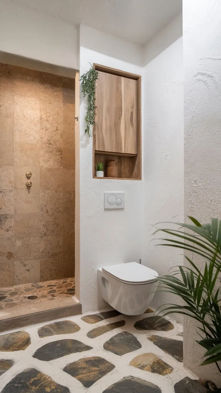 This serene sanctuary harmoniously combines modern design with natural elements, featuring textured walls and travertine tiles for a spa-like ambiance, complemented by a warm wooden cabinet.