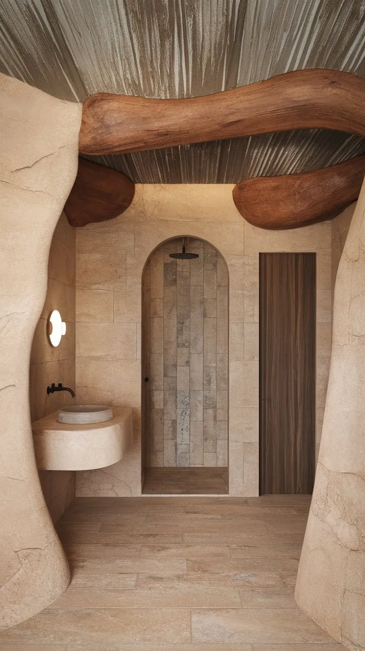 This serene bathroom, a harmonious blend of earthy travertine and warm wood, captures the essence of desert modernism through its minimalist yet organic design.
