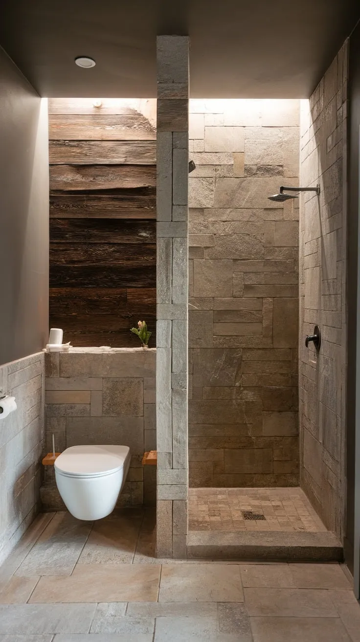 A small modern bathroom boasts organic stone and wood textures for a minimalist yet luxurious feel