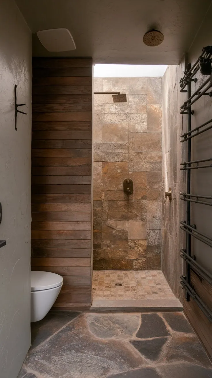 Minimalist design meets natural materials in this compact, organic bathroom featuring stone and wood.