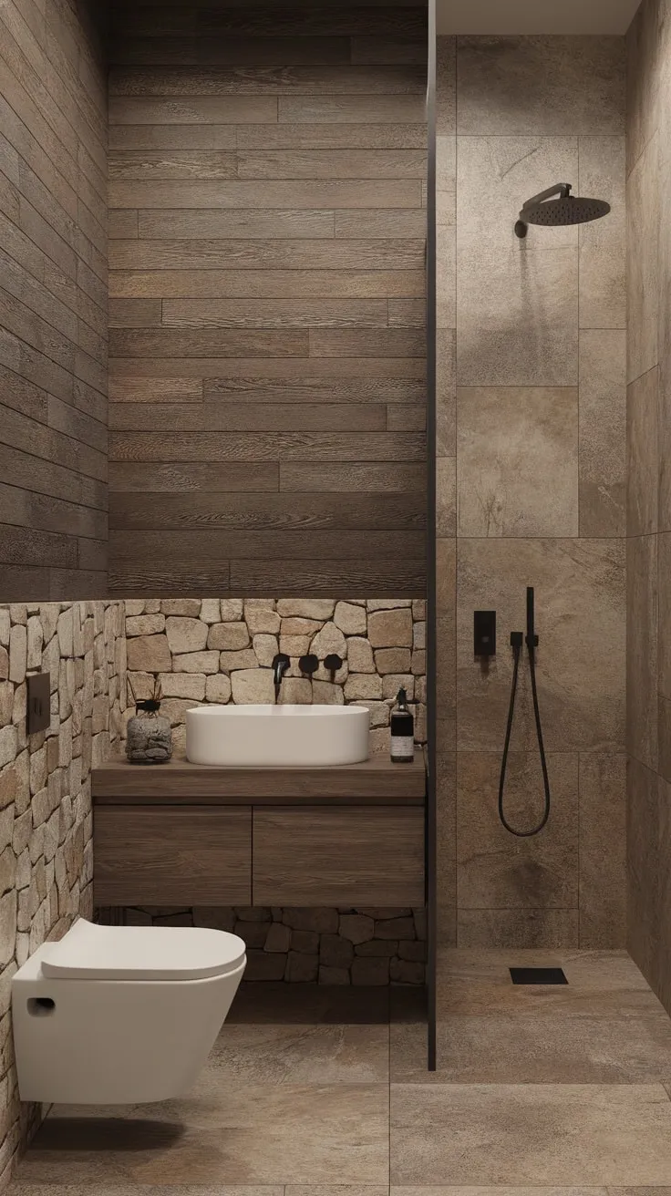 A minimalist modern bathroom boasts organic textures like wood-patterned walls, stone tile floors, and a travertine shower for a naturally calming space