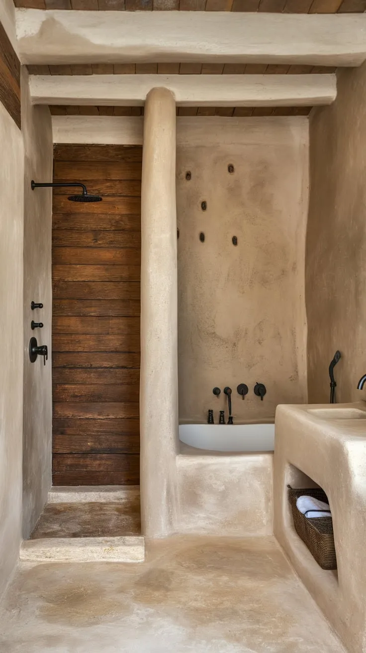 Organic materials create a serene spa-like atmosphere in this contemporary bathroom featuring a white tub and sink.