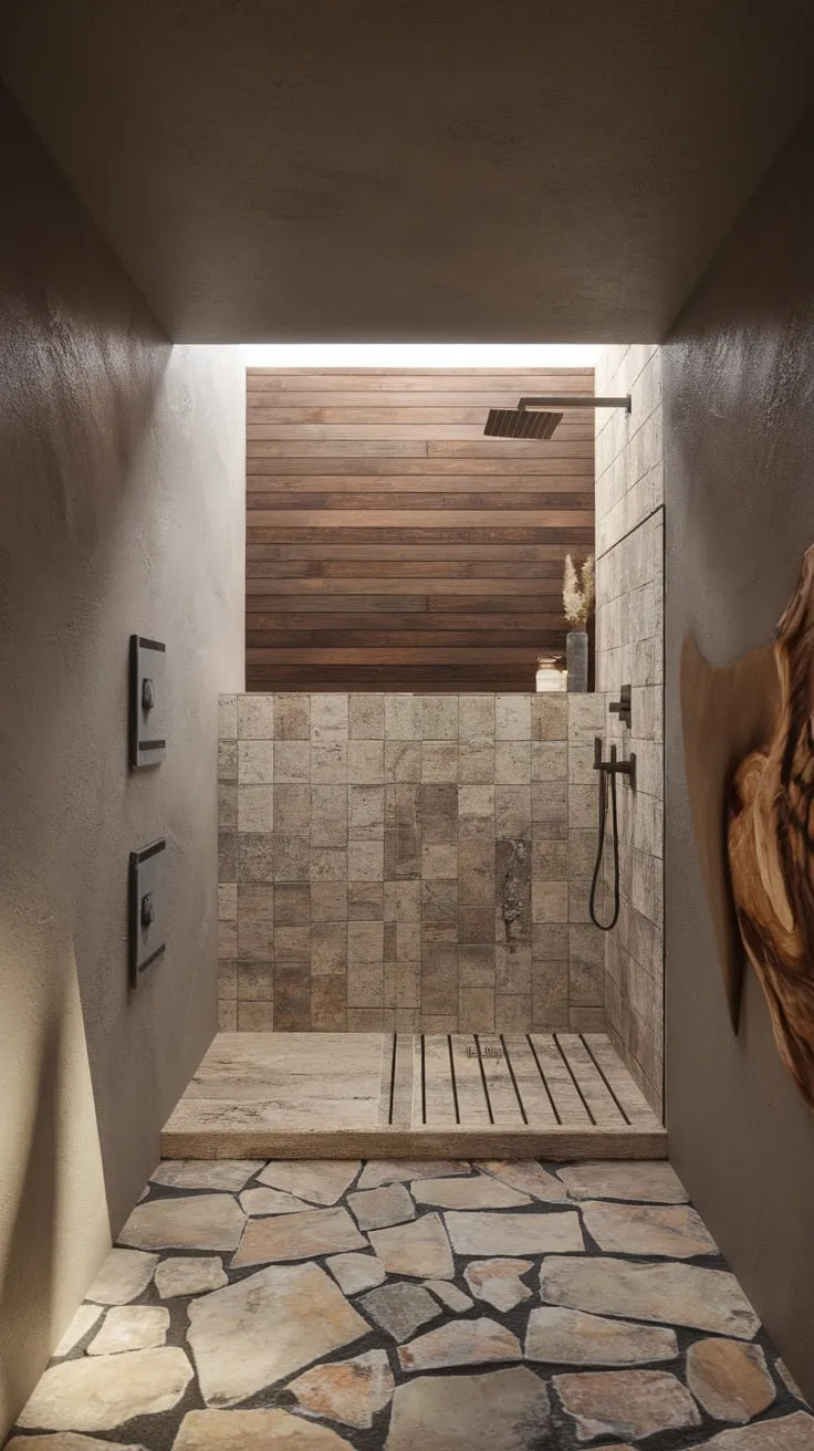 Minimalist modern design features organic stone and wood textures in a small, luxurious bathroom