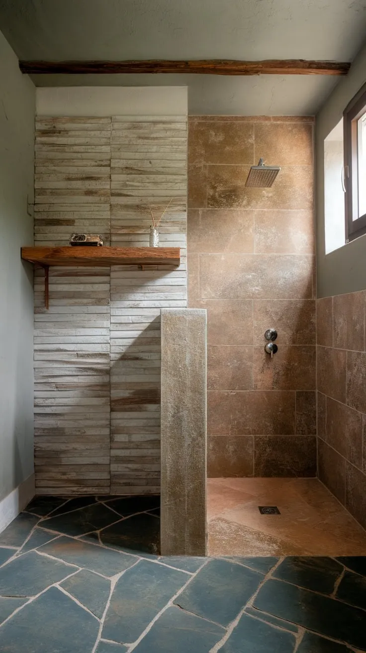 A small yet luxurious modern bathroom boasts natural materials and a calming design, highlighted by stone tiling and a wood accent wall.