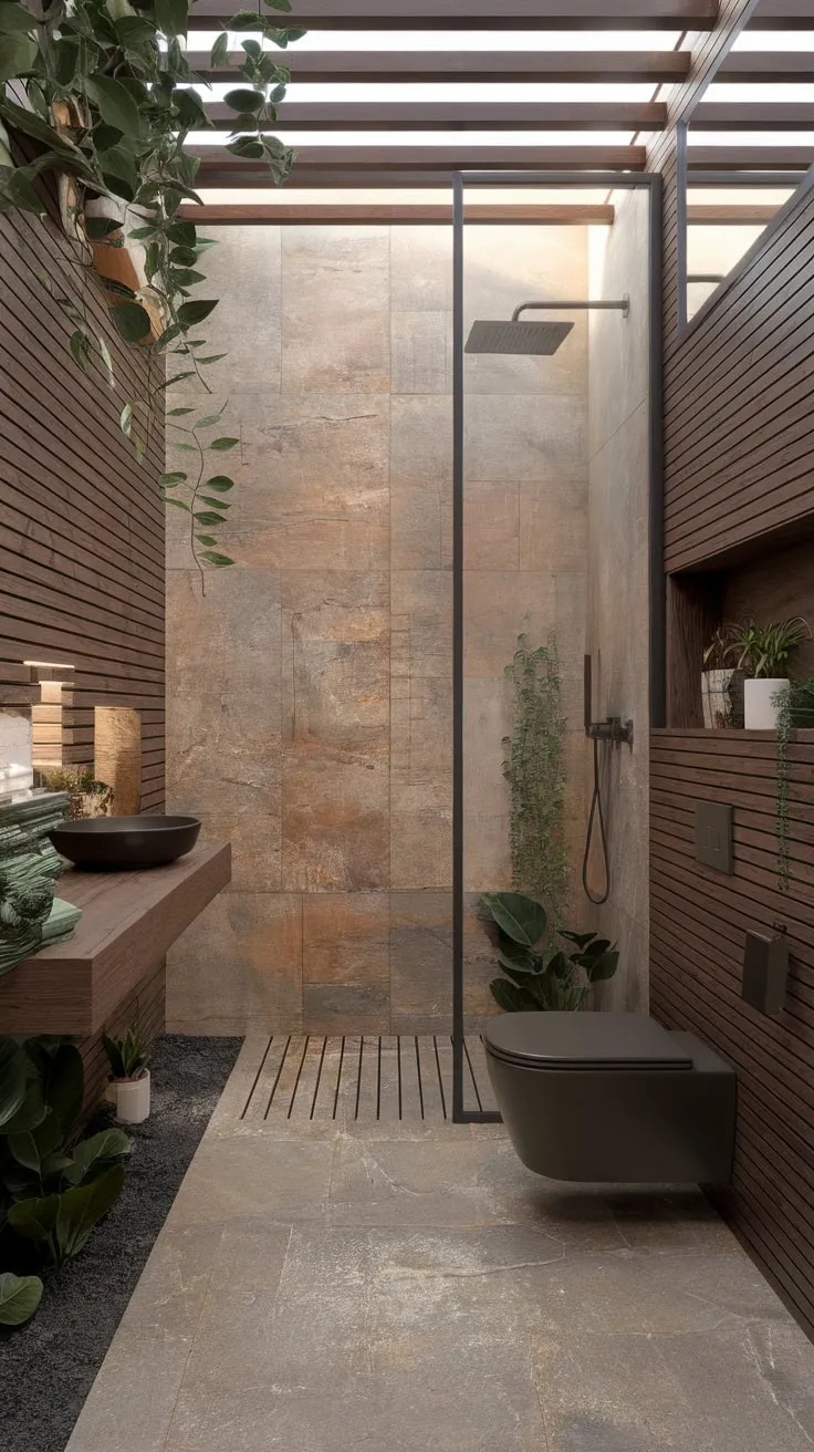 A minimalist modern bathroom features organic textures like wood and stone, complemented by calming plants.