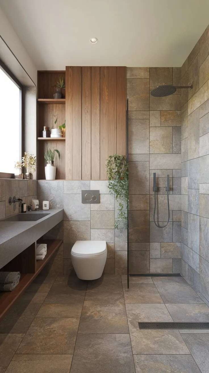 Natural stone, wood accents, and simple lines define this calming modern organic bathroom.