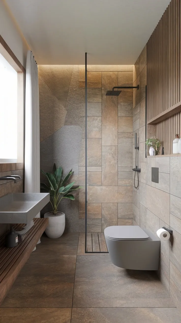 A serene, compact bathroom blends natural stone and wood elements for a minimalist yet organic spa-like atmosphere.