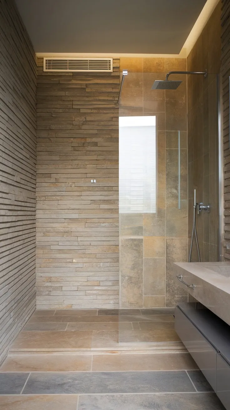Natural stone and wood accents create a serene, minimalist organic bathroom with a walk-in shower and modern wall-mounted fixtures.