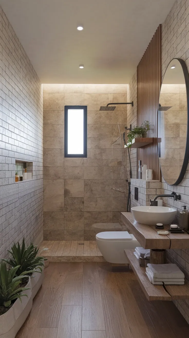 Modern organic minimalism defines this bathroom, featuring stone and wood textures, a walk-in shower, and natural light.