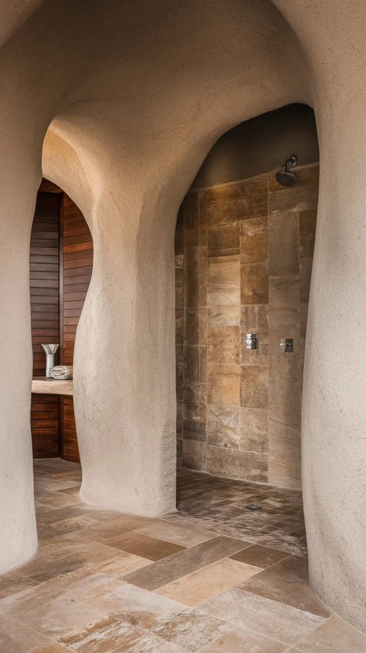 This bathroom embodies understated luxury with its sculpted stone walls and travertine floors, offering a tranquil sanctuary of desert modernism.