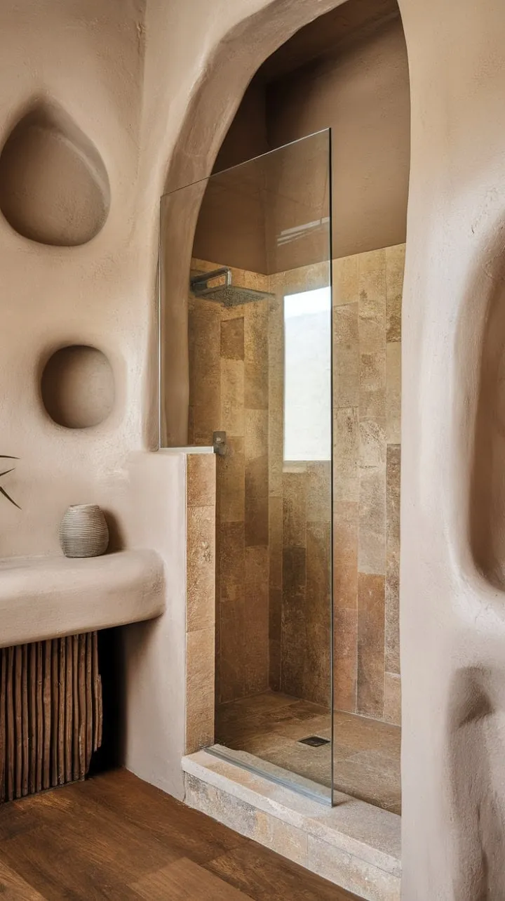 A tranquil minimalist oasis, where textured stone and warm wood harmonize with light-filled spaces, invites you to unwind in desert-inspired serenity.