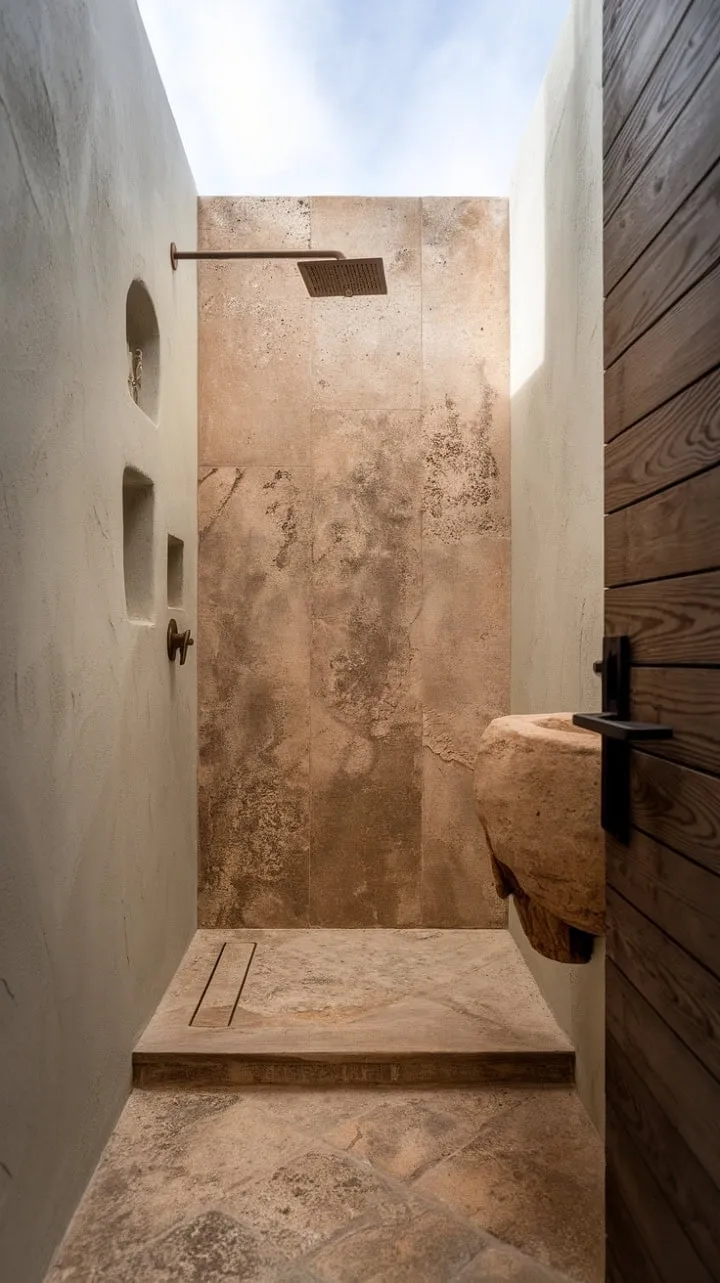 This desert modern bathroom blends sun-drenched minimalism with organic textures, featuring a serene travertine shower and warm wood accents for a soul-soothing oasis.