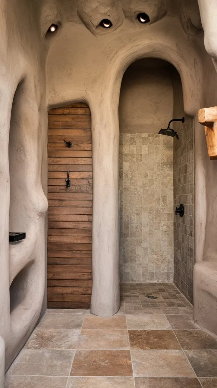 This desert modern bathroom harmoniously blends stone, light, and natural materials to create a serene oasis for rejuvenation and reflection.