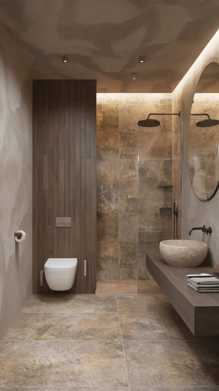 Modern minimalism meets organic textures in this stunning bathroom, featuring stone, wood, and a sleek floating sink.